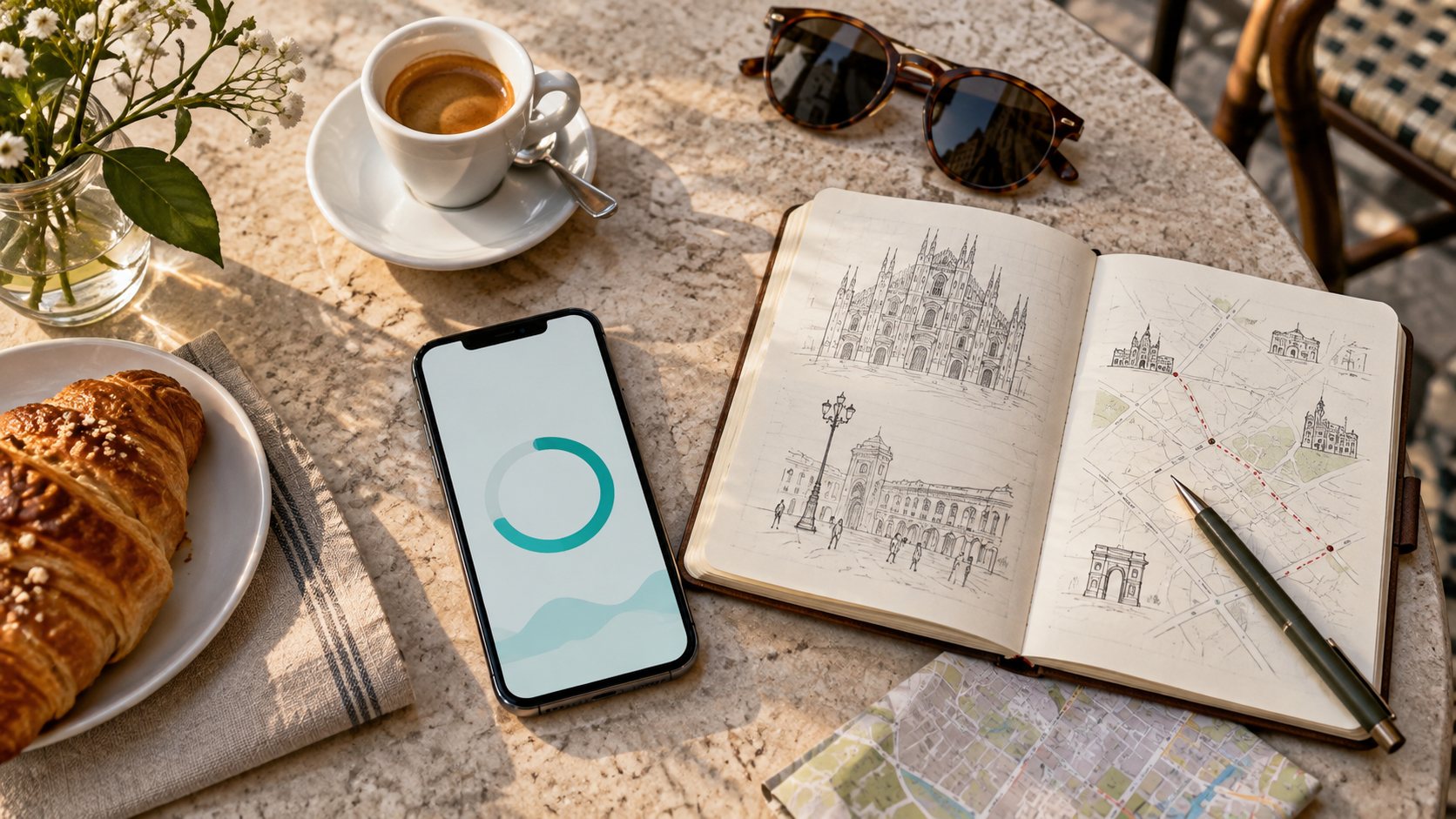 Smartphone and notebook for planning a three-day Milan data budget — AI-generated illustration